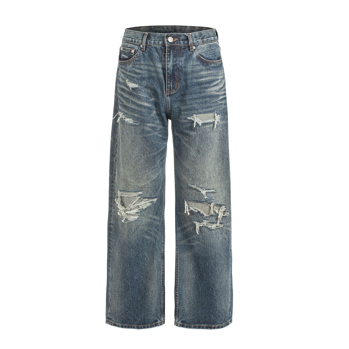 Vintage Washed Blue Distressed Patchwork Denim Jeans With Silver Selvedge & Whiskering - Straight Leg Relaxed Fit For Men & Women_mkmklike.com