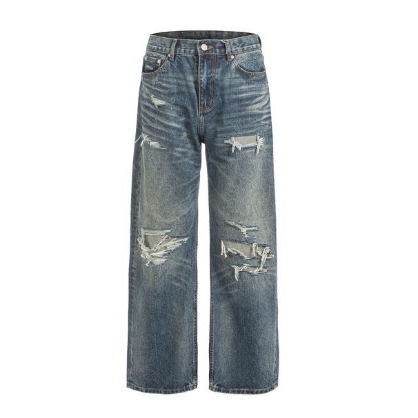 Vintage Washed Blue Distressed Patchwork Denim Jeans With Silver Selvedge & Whiskering - Straight Leg Relaxed Fit For Men & Women_mkmklike.com