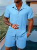 Men's Striped Lapel Shirt Shorts Trendy Casual Sports Suit_mkmklike.com