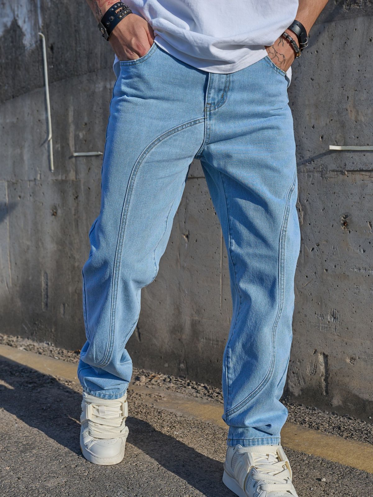 Men's Clothing Trendy Washed Straight-Leg Jeans For Men - Loose Fit Denim Pants With Artistic Paint Details & Low-Rise Design_mkmklike.com