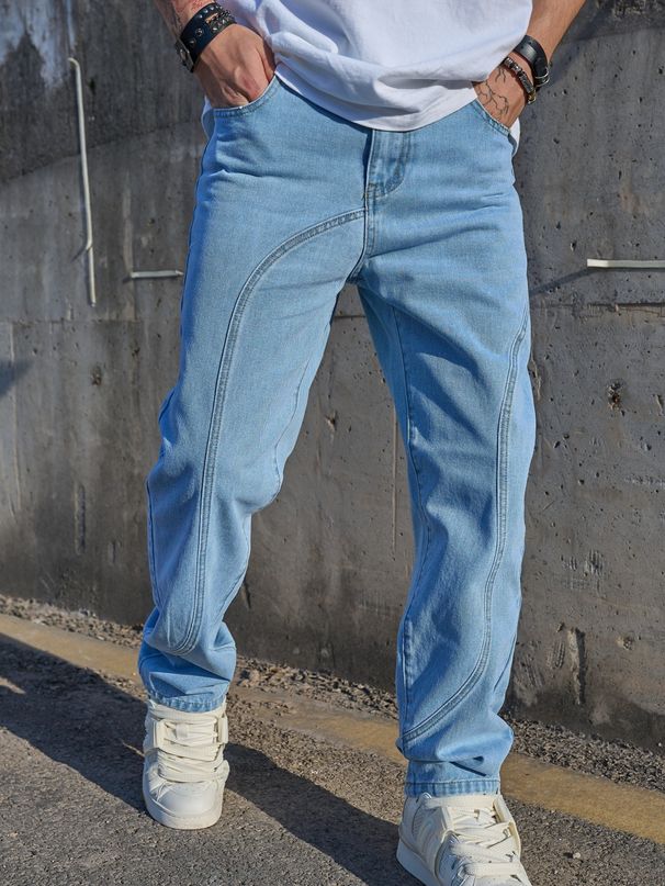 Men's Clothing Trendy Washed Straight-Leg Jeans For Men - Loose Fit Denim Pants With Artistic Paint Details & Low-Rise Design_mkmklike.com