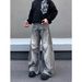 Unisex High End Gradient Curved Blade Jeans Black/Gray Retro Washed Deconstructed Loose Fitting Mid Waist Wide Leg Trousers_mkmklike.com