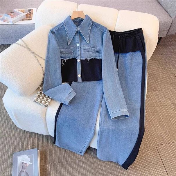 Women's Clothing Street Style Stylish And Slim, Denim Splicing, Contrasting Colors, Casual Straight Pants, Popular Two Piece Suits_mkmklike.com