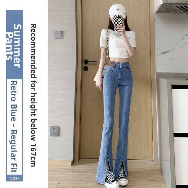 High-Waisted Flared Jeans For Women – Stretch Denim With Side Slits, Vintage Wash (Sizes 26-32, Cotton-Polyester Blend, Office To Night Out)_mkmklike.com