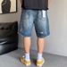 Retro American plus Size Men's Denim Shorts Casual Distressed Straight Leg Loose Fit Five Point Pants up to 300 Lbs_mkmklike.com