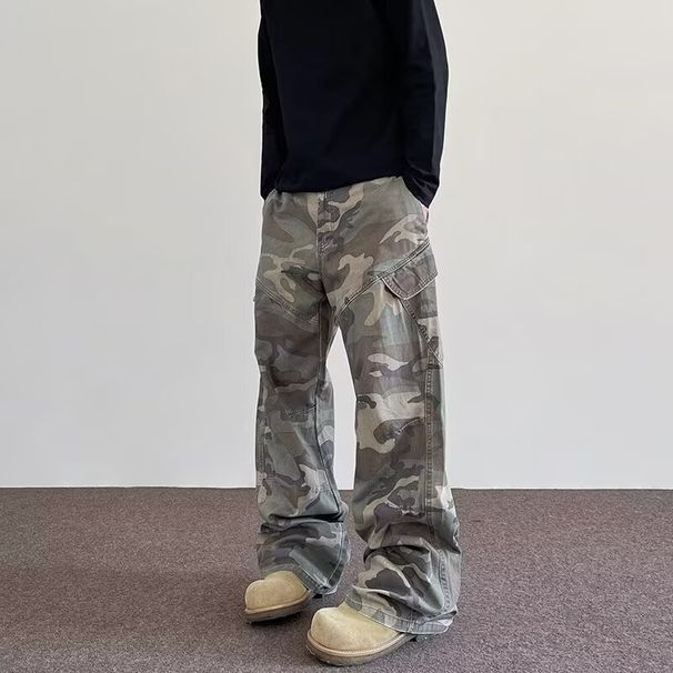 Vintage Camo Cargo Pants – Distressed Washed Denim Workwear (Relaxed Fit, Multi-Pocket Utility, Streetwear Essential, Unisex Urban Explorer)_mkmklike.com