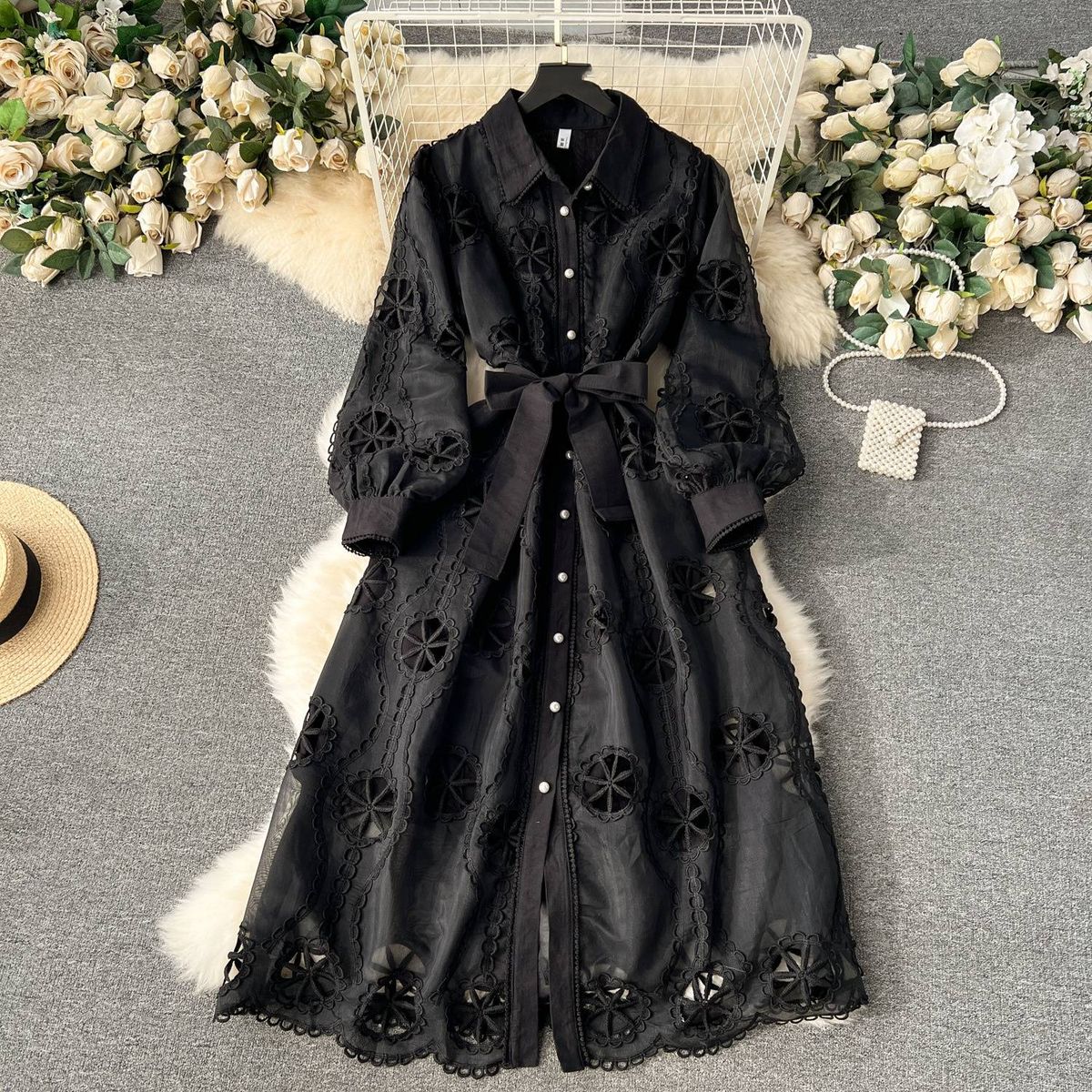 Women's Clothing heavy embroidery hollow flower buttoned slim fit mid length puff sleeve dress_mkmklike.com