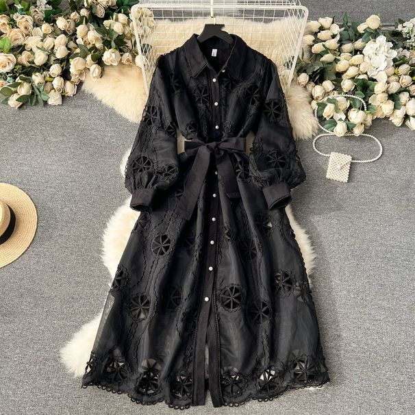 Women's Clothing heavy embroidery hollow flower buttoned slim fit mid length puff sleeve dress_mkmklike.com