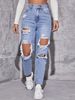 Women's High-Waisted Straight Leg Jeans Blue Ripped Versatile Fashionable Trousers European American Style_mkmklike.com