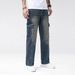 Men's Dark Blue Straight Leg Cargo Jeans Non-Stretch Casual Versatile Multiple Design Techniques_mkmklike.com