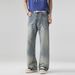 Men's Clothing Men's Spring Style Flared Jeans Washed Distressed Whiskers Straight Leg Loose Fit Wide Leg Casual Trousers_mkmklike.com