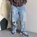 Men's Heavyweight Retro Ripped Jeans Casual Edgy Straight Leg Loose Fit Wide Leg Floor Length Dad Pants_mkmklike.com