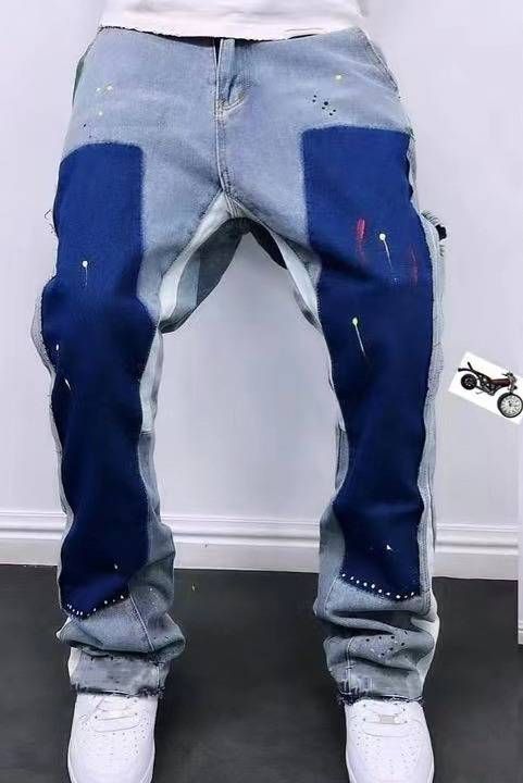 Men's Clothing High Street Style Heavy Washing Old Ink Splash Color Deconstruction Bell Bottom Pants Sub Trend Personality Niche Stacked Jeans_mkmklike.com