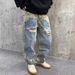 Men's Clothing Casual Handsome Heavy Retro Ripped Patch Jeans Straight Loose Beggar Wide Leg Pants_mkmklike.com