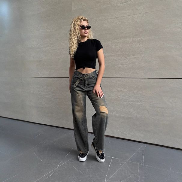 Women's Clothing Vintage Washed Distressed High-Waisted Wide-Leg Jeans For Women - Retro Loose Fit Long Denim Pants With Frayed Details_mkmklike.com