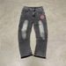 Men's US Map Fringe Hem Jeans - Straight Cut Denim Pants With Embroidered Coordinates & Distressed Details_mkmklike.com