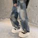Unisex Vintage Dirty Wash Jeans – Distressed Straight-Leg Wide Pants With Raw Hem & Relaxed Fit_mkmklike.com