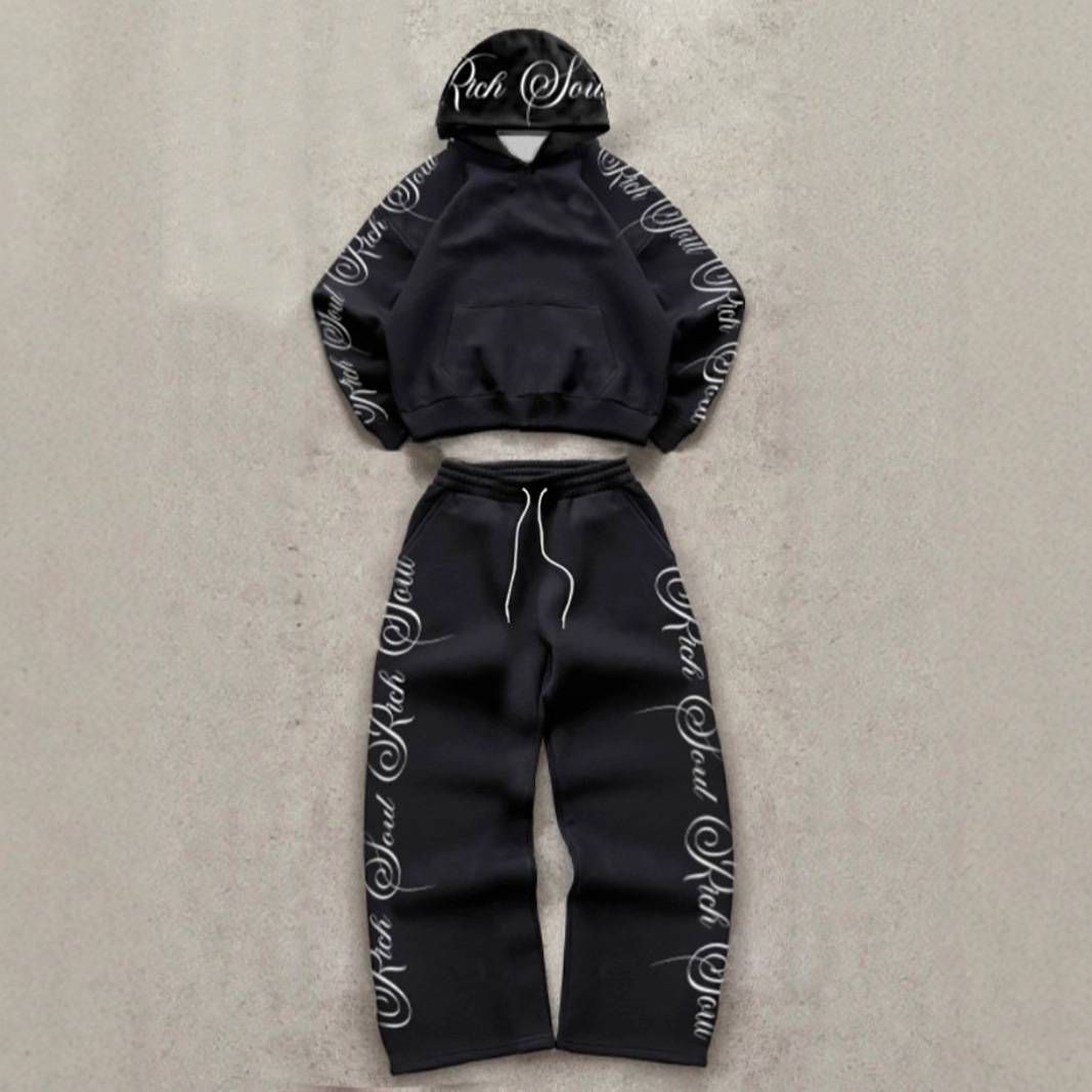 Men's Clothing 2026 Men's Trendy Streetwear Hooded Zip-up Sweatshirt And Pants Set With Floral Letter Print._mkmklike.com