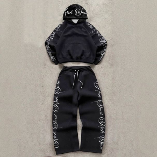 Men's Clothing 2026 Men's Trendy Streetwear Hooded Zip-up Sweatshirt And Pants Set With Floral Letter Print._mkmklike.com