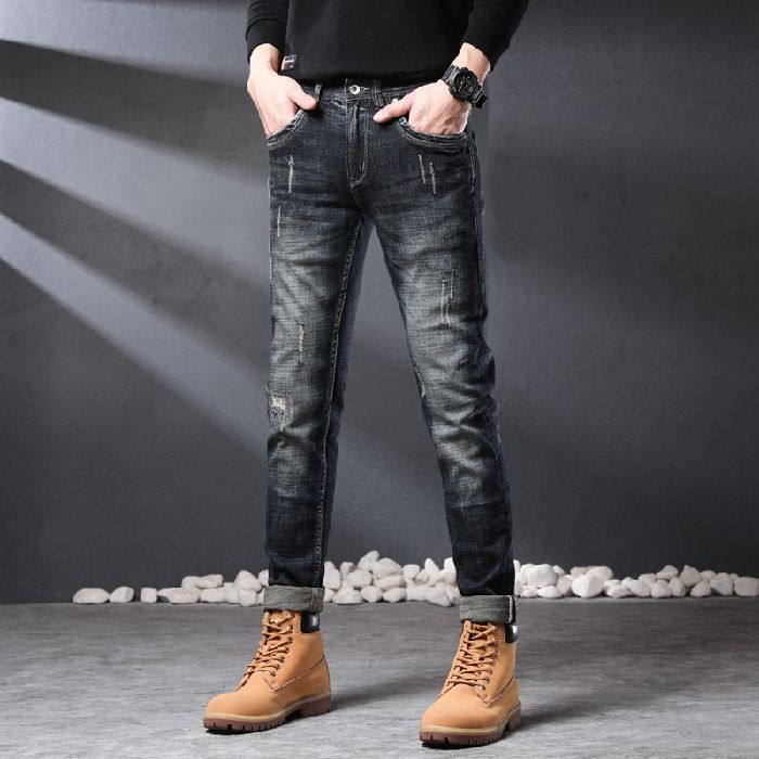 Slim Fit Distressed Patch Jeans For Men, Youth Style, Unique Vintage Straight Leg Pants_mkmklike.com