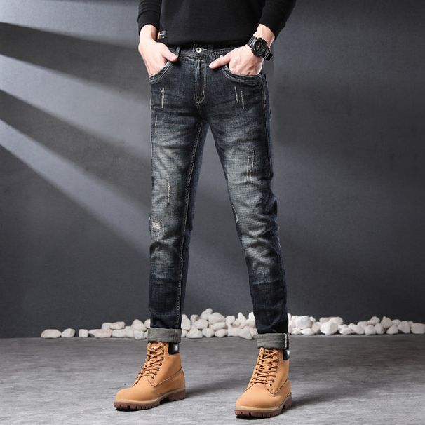 Slim Fit Distressed Patch Jeans For Men, Youth Style, Unique Vintage Straight Leg Pants_mkmklike.com