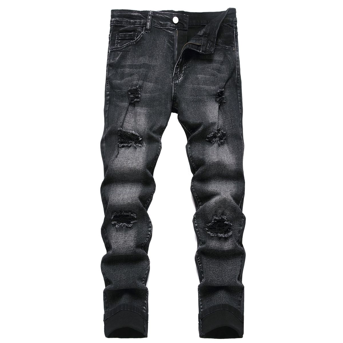 Men's Clothing Black Ripped Jeans Men's Slim Fit Ripped Jeans - Distressed Black Denim Pants With Mid-Rise Waist & Stretch Comfort For Streetwear_mkmklike.com