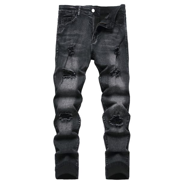 Men's Clothing Black Ripped Jeans Men's Slim Fit Ripped Jeans - Distressed Black Denim Pants With Mid-Rise Waist & Stretch Comfort For Streetwear_mkmklike.com