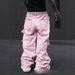Men's High Waist Wide Leg Pink Jeans American Trendy Hip Hop Frayed Patchwork Denim For Autumn_mkmklike.com