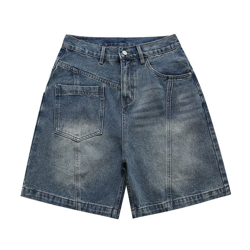 Men's Washed Retro Denim Shorts Loose Fitting Cargo Summer Trendy Contrasting Front Back Panels_mkmklike.com