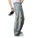 Men's Light Blue Distressed Denim Jeans With Deconstructed Pleats, Loose Fit Wide Leg Cargo Pants For Street Style_mkmklike.com