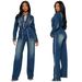 Stretch Flare-Leg Denim Jumpsuit With Distressed Hem – Slim Fit Long Sleeve Romper For Women & Men (Blue, S-2XL)_mkmklike.com