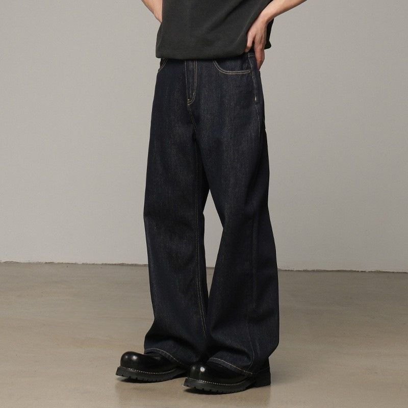 Men's Selvedge Denim Jeans - American Retro Wide Leg Straight Fit, 100% Cotton Non-Stretch Black/Indigo Raw Hem (S-3XL)_mkmklike.com