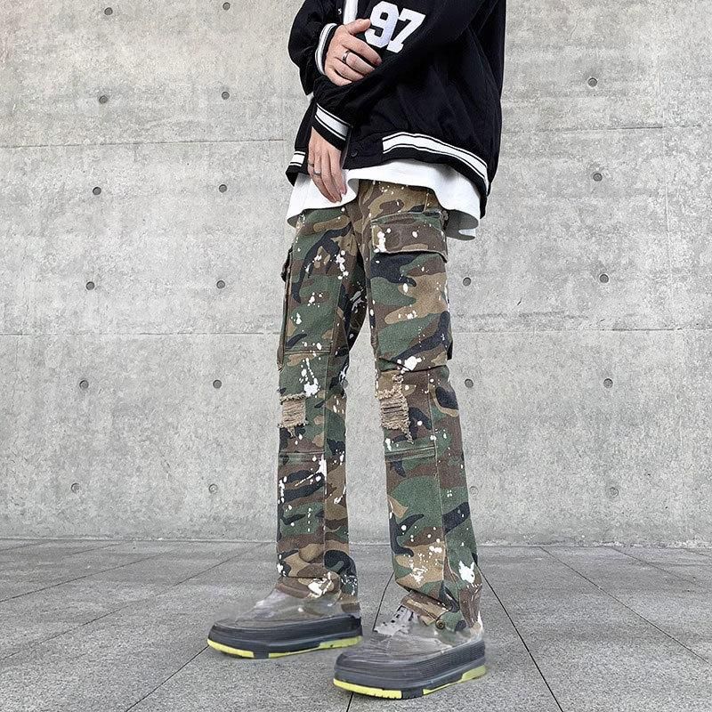 Men's Clothing High Street Ink Splash Camouflage Overalls With Multiple Pockets Loose Straight Leg Wide Leg Ripped Trendy Hip Hop Jeans_mkmklike.com