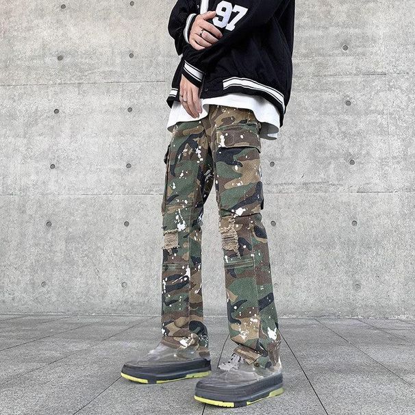 Men's Clothing High Street Ink Splash Camouflage Overalls With Multiple Pockets Loose Straight Leg Wide Leg Ripped Trendy Hip Hop Jeans_mkmklike.com