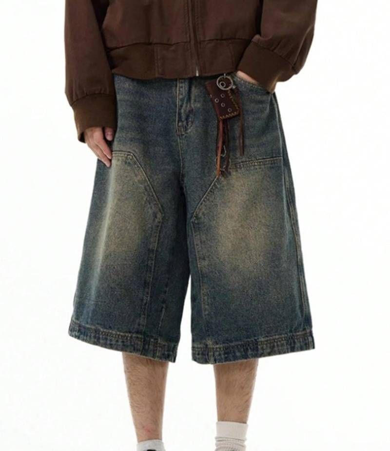 Summer Style Men's Loose Fit Denim Shorts Distressed Wash 5 Point Street Fashion Simple Design_mkmklike.com