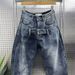 American Washed Retro Denim Scimitar Pants Men's Autumn And Winter Trendy Brand Splicing Wide-leg Trousers Ruffian Handsome Harlan Straight-leg Trouse_mkmklike.com