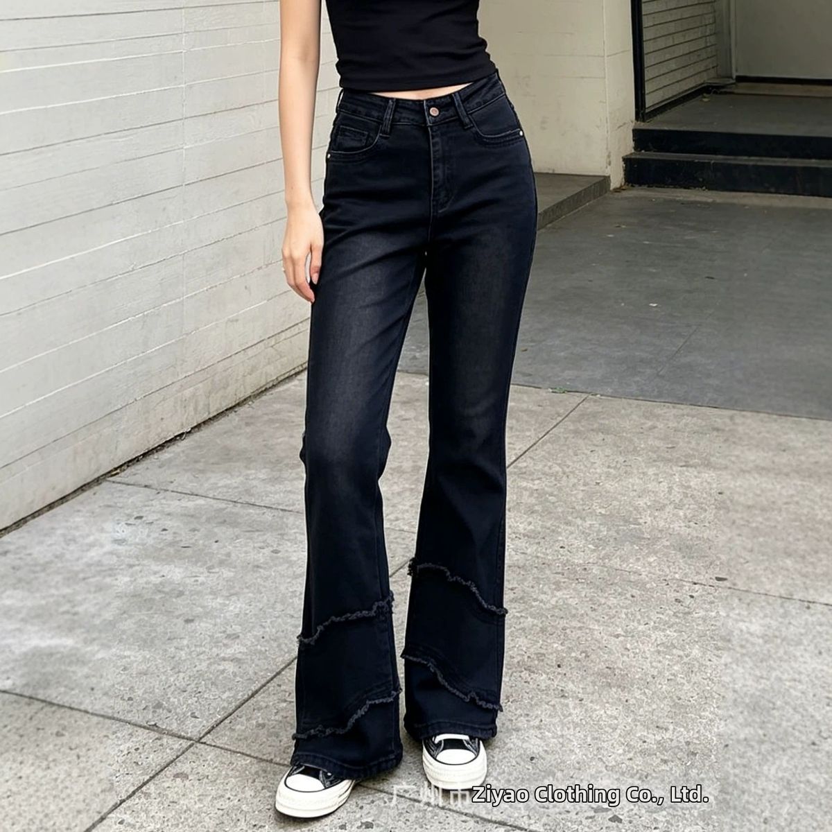 High Waisted Stretch Flared Jeans for Women Slimming Design Frayed Edges Black Platform Jeans_mkmklike.com