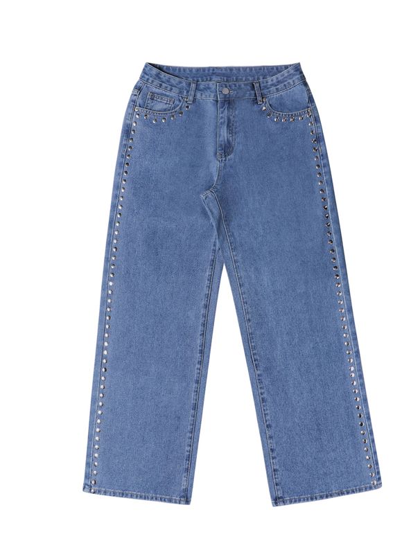 Women's High-Waisted Wide Leg Jeans Studded Slimming Straight Leg Pants American High Street Style Heavy Metal Design_mkmklike.com