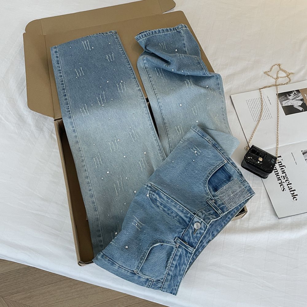 "Distressed Blue Ombre Jeans For Women – High Waist Straight Leg Denim Pants With Rhinestone Embellishments & Vintage Wash"_mkmklike.com