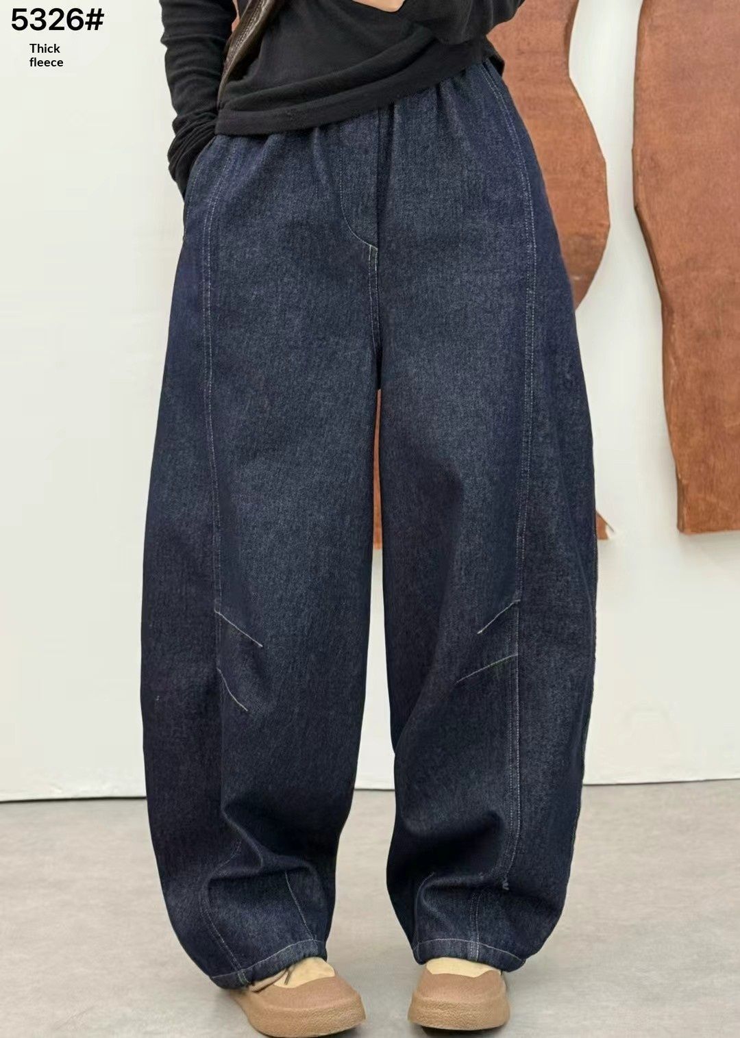 Clair Fleece-Lined Thickened Denim Wide-Leg For Women 2025 Winter New Elastic Waist Retro Loose Solid Color Scimitar Pants_mkmklike.com