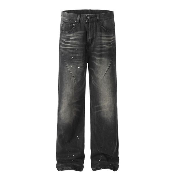 Distressed Washed Loose Jeans With Water Ripple Splash Ink Design Wide-Leg Straight Pants For Men Trendy_mkmklike.com