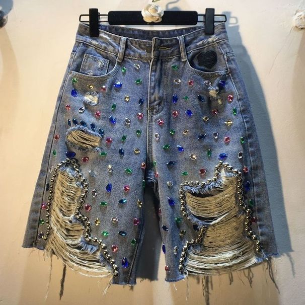 Women's High Waist Distressed Denim Shorts With Rhinestone Embroidery - Vintage Retro Style, Comfortable Straight Leg Fit, Summer Casual Midi Shorts_mkmklike.com