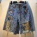 Women's High Waist Distressed Denim Shorts With Rhinestone Embroidery - Vintage Retro Style, Comfortable Straight Leg Fit, Summer Casual Midi Shorts_mkmklike.com