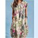 Women's clothing foreign trade women's clothing new fashion cotton and linen plant print round neck pocket short sleeve casual dress_mkmklike.com