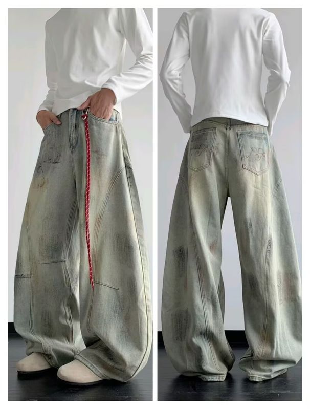 Vintage Washed Distressed Denim Jeans – Relaxed Straight-Leg Clean Fit With High Street Aesthetic (Oversized Silhouette, Retro Fading)_mkmklike.com
