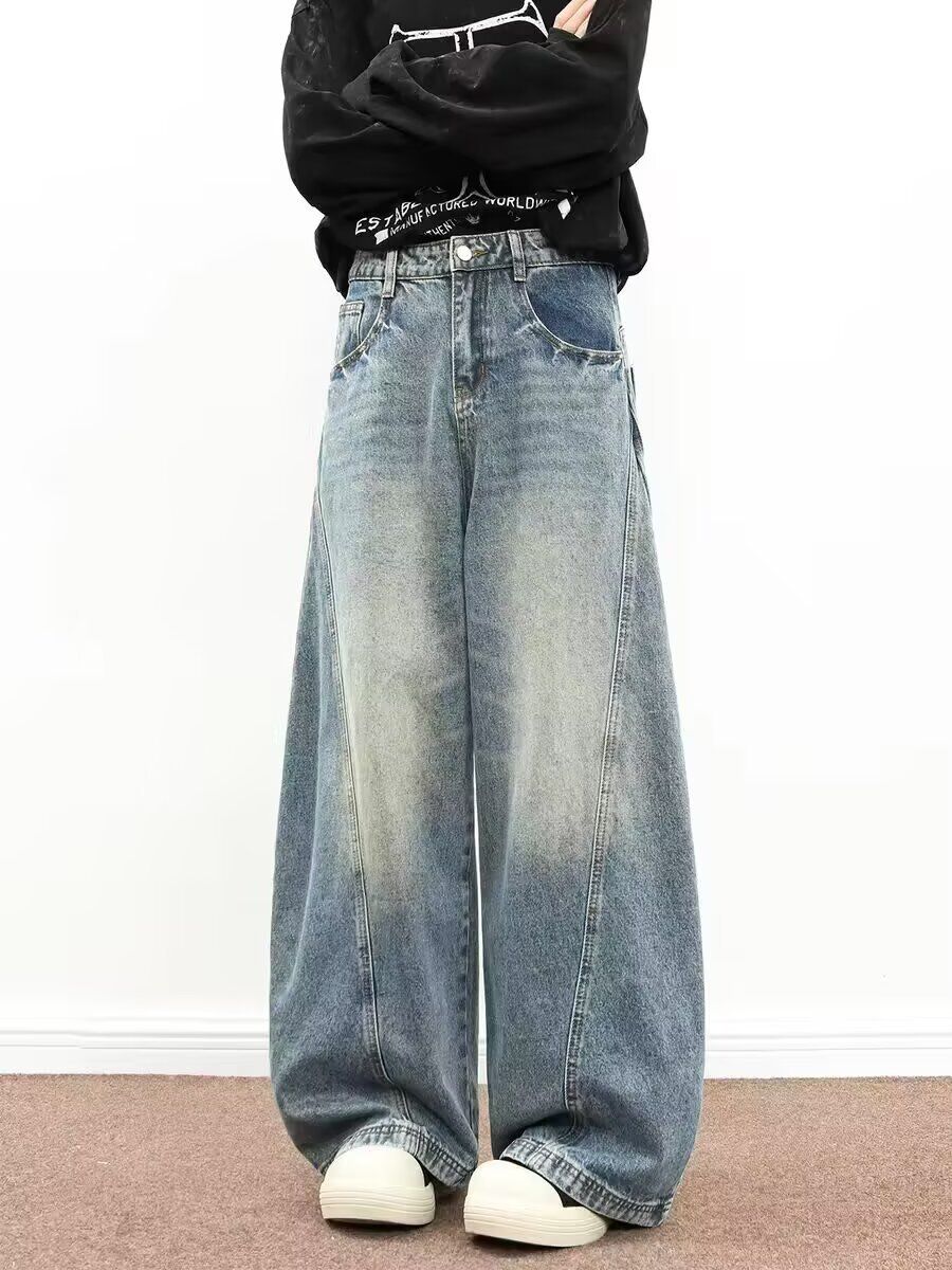 Wide Leg Jeans Loose Fitting Slimming Trendy Casual Pants for Men And Women Washed Texture Cool Slanted Cut Design Versatile_mkmklike.com