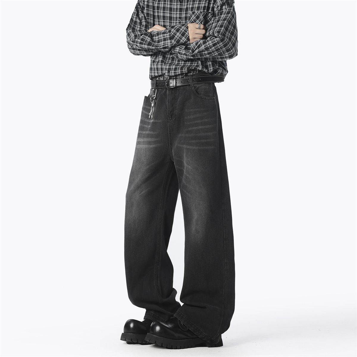 Cleanfit Versatile Micro-pull Jeans Men's Youth Fashion Popular Loose Straight Washed Retro Blue Trousers_mkmklike.com