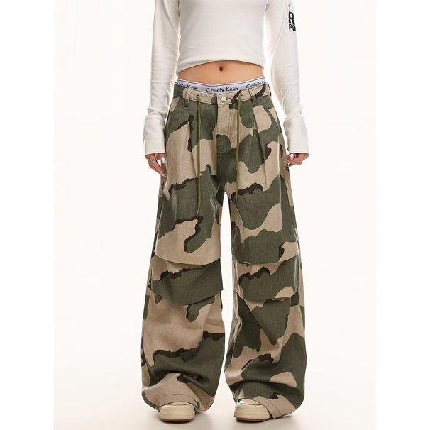 Men's Clothing Vintage American Camouflage Cargo Jeans For Men & Women - Oversized Straight-Leg Drop Crotch Jogger Pants With Drawstring Waist_mkmklike.com