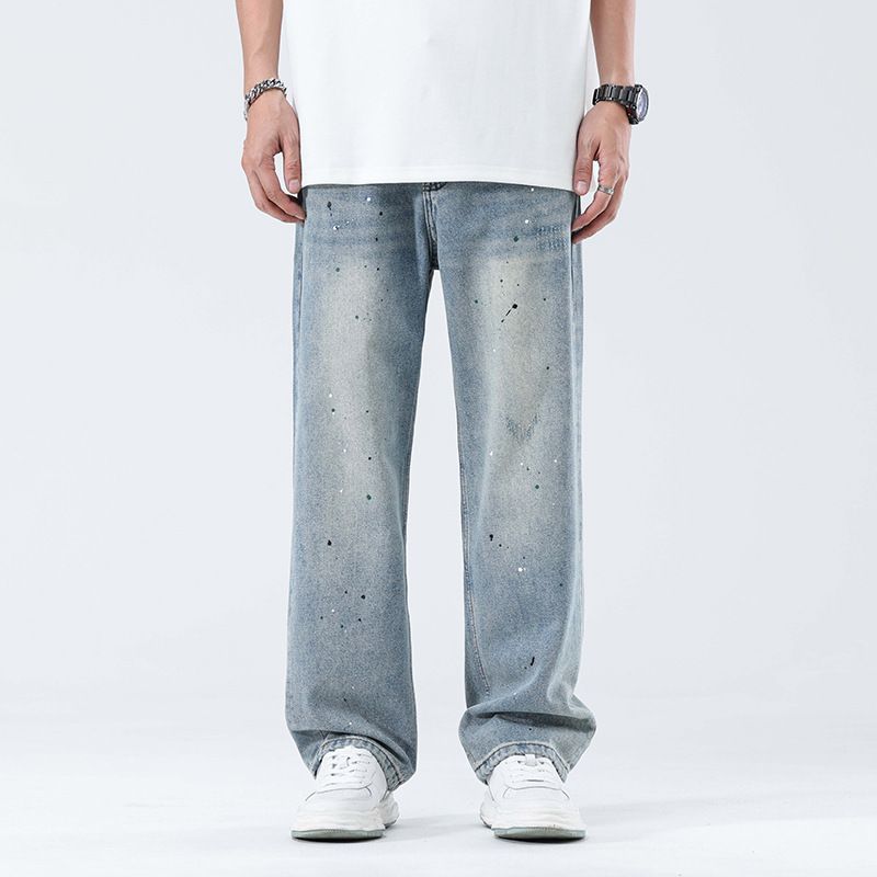 Men's Clothing Men's Washed Light Blue Splatter Print Relaxed Fit Straight Leg Casual Pants_mkmklike.com