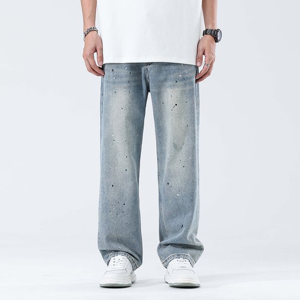 Men's Clothing Men's Washed Light Blue Splatter Print Relaxed Fit Straight Leg Casual Pants_mkmklike.com
